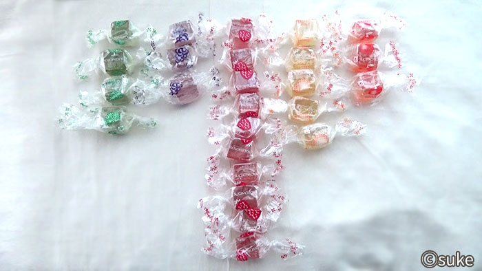 杉本屋製菓 ミックスゼリー 味ごとに封入個数を並べた画像