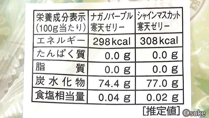 金城製菓 長野県産ナガノパープル&シャインマスカット寒天ゼリー パッケージ裏の栄養成分表示画像