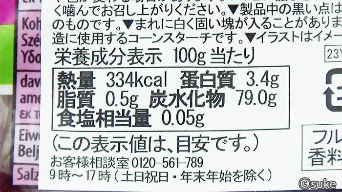 ハリボー ベリードリーム パッケージ裏の栄養成分表示画像